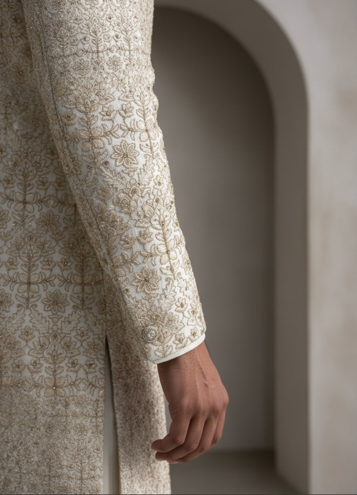 Ivory-Gold Patterned Sherwani