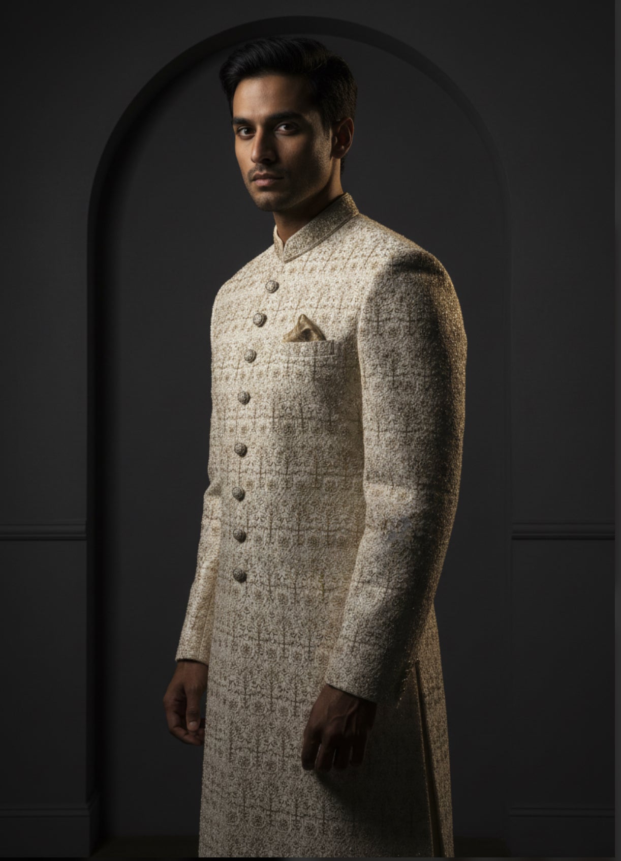 Ivory-Gold Patterned Sherwani