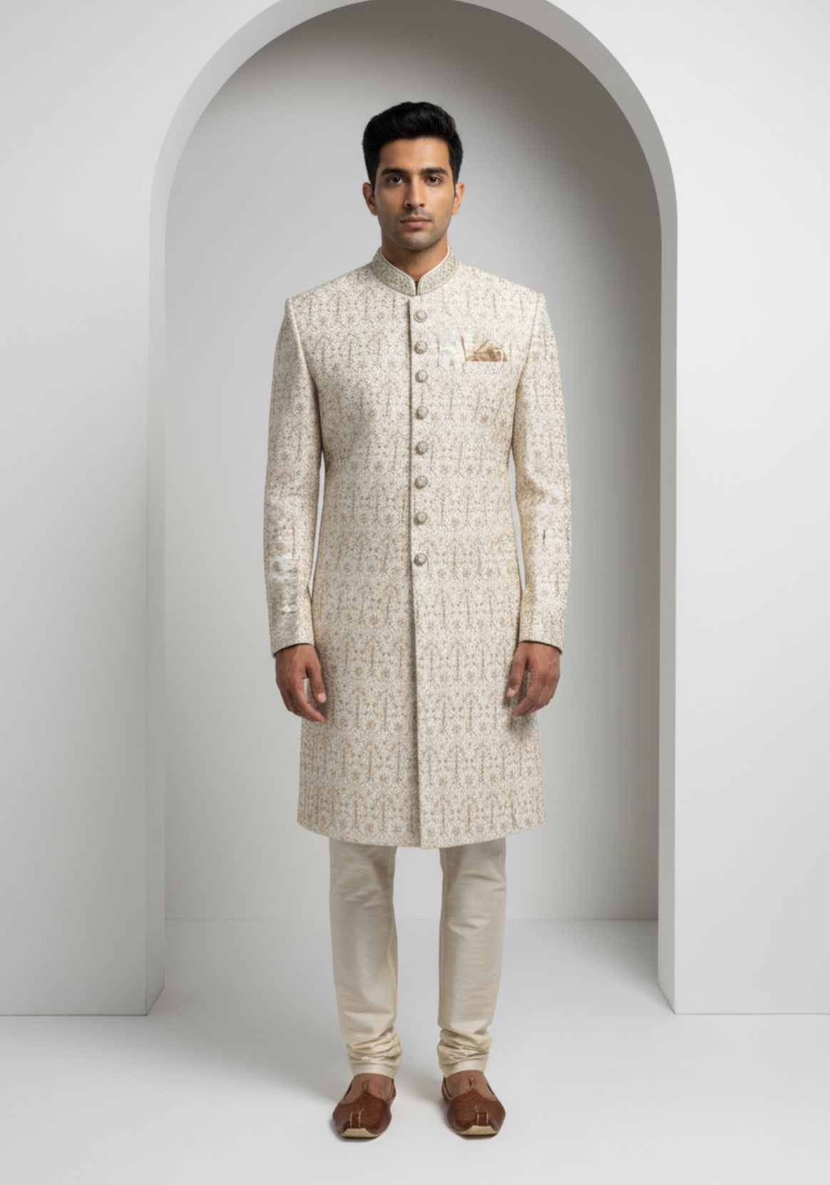 Ivory-Gold Patterned Sherwani