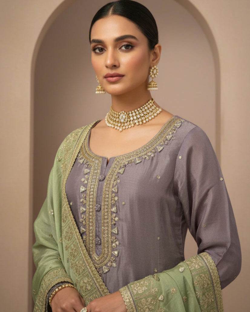 Lavender and Sage Embroidered Lehenga Set
