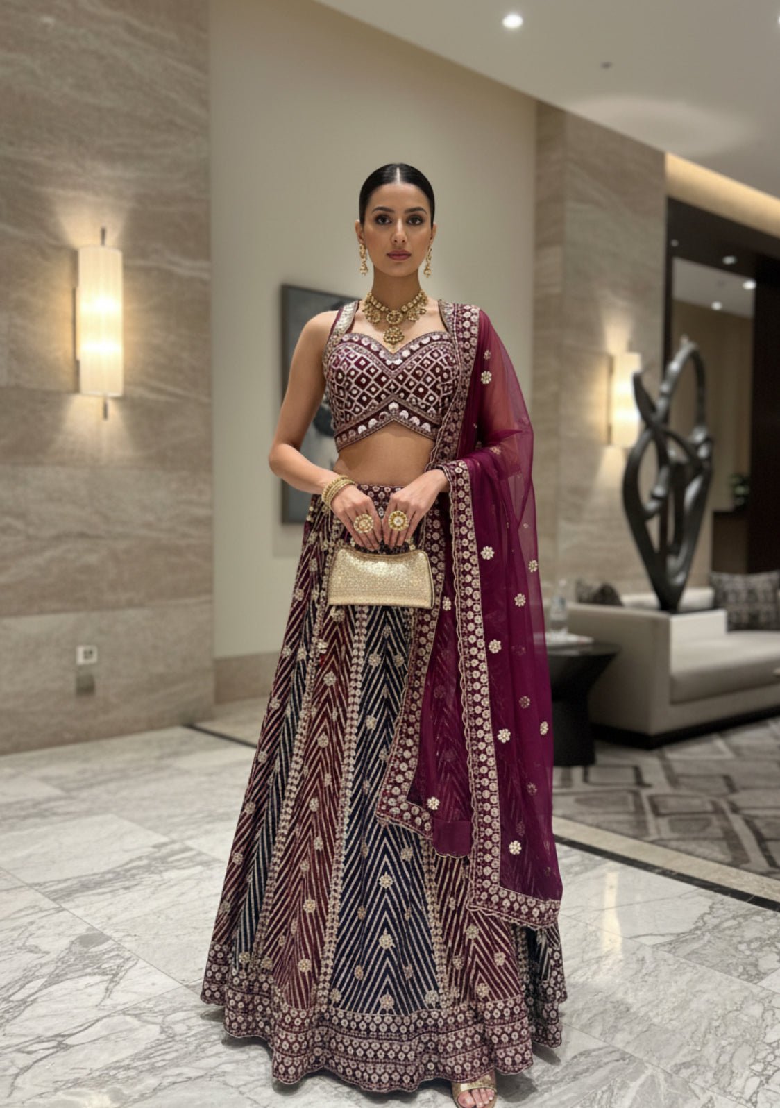 Plum and Navy blue designer embroidered lehenga