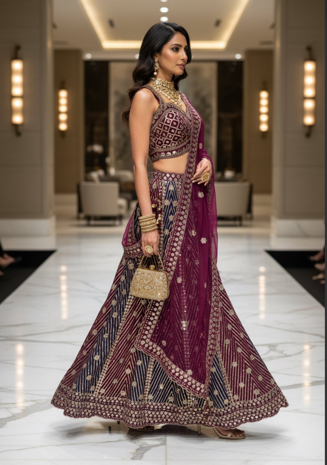 Plum and Navy blue designer embroidered lehenga
