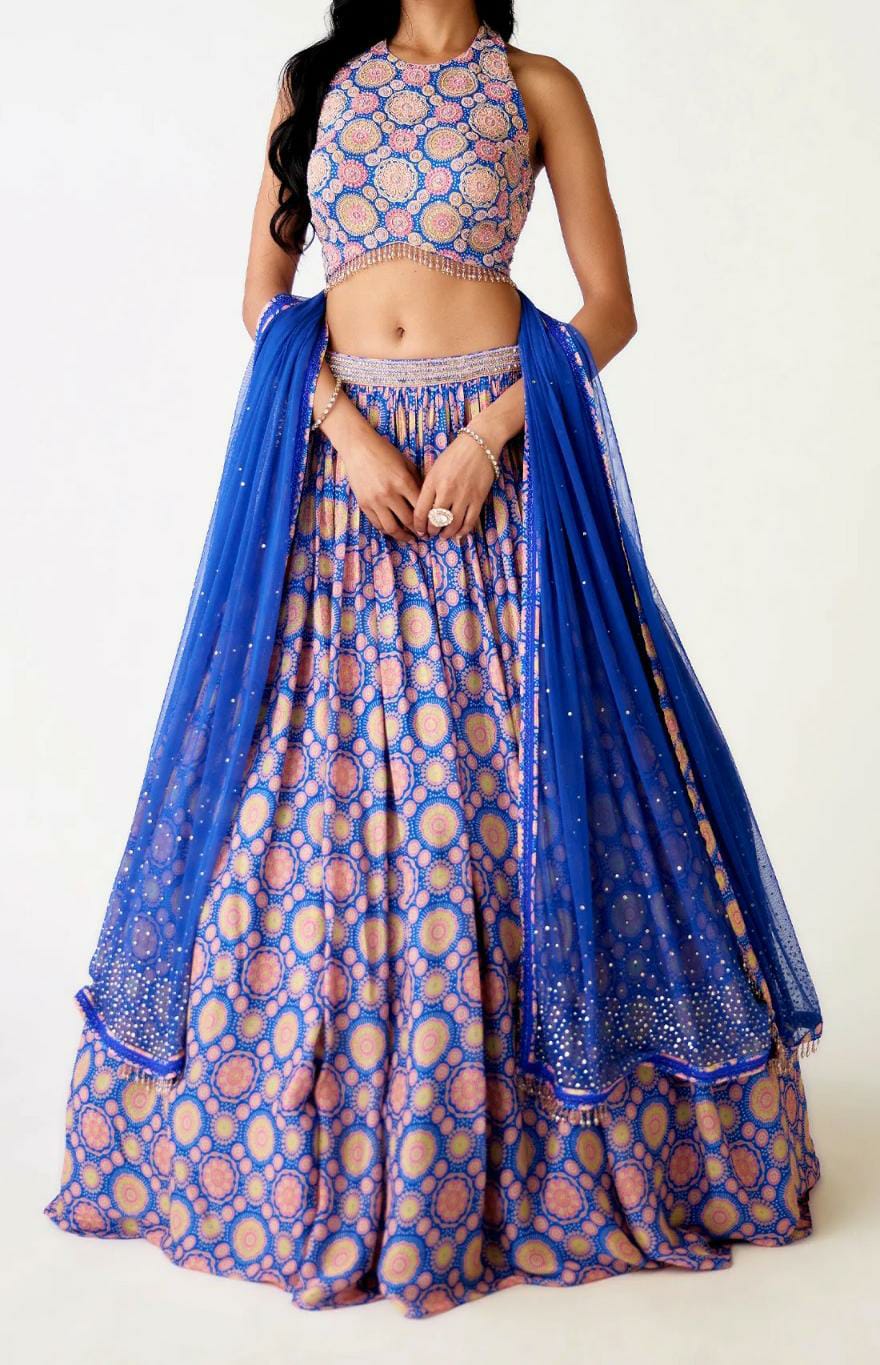 Royal Blue Printed Lehenga Set with Sequin Dupatta