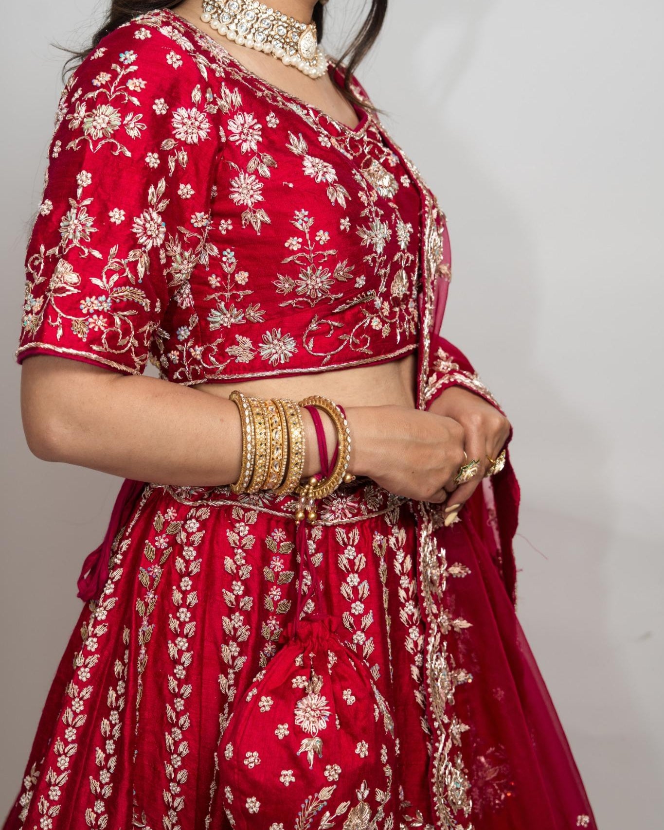 Crimson Elegance Hand-Embroidered Bridal Lehenga Set