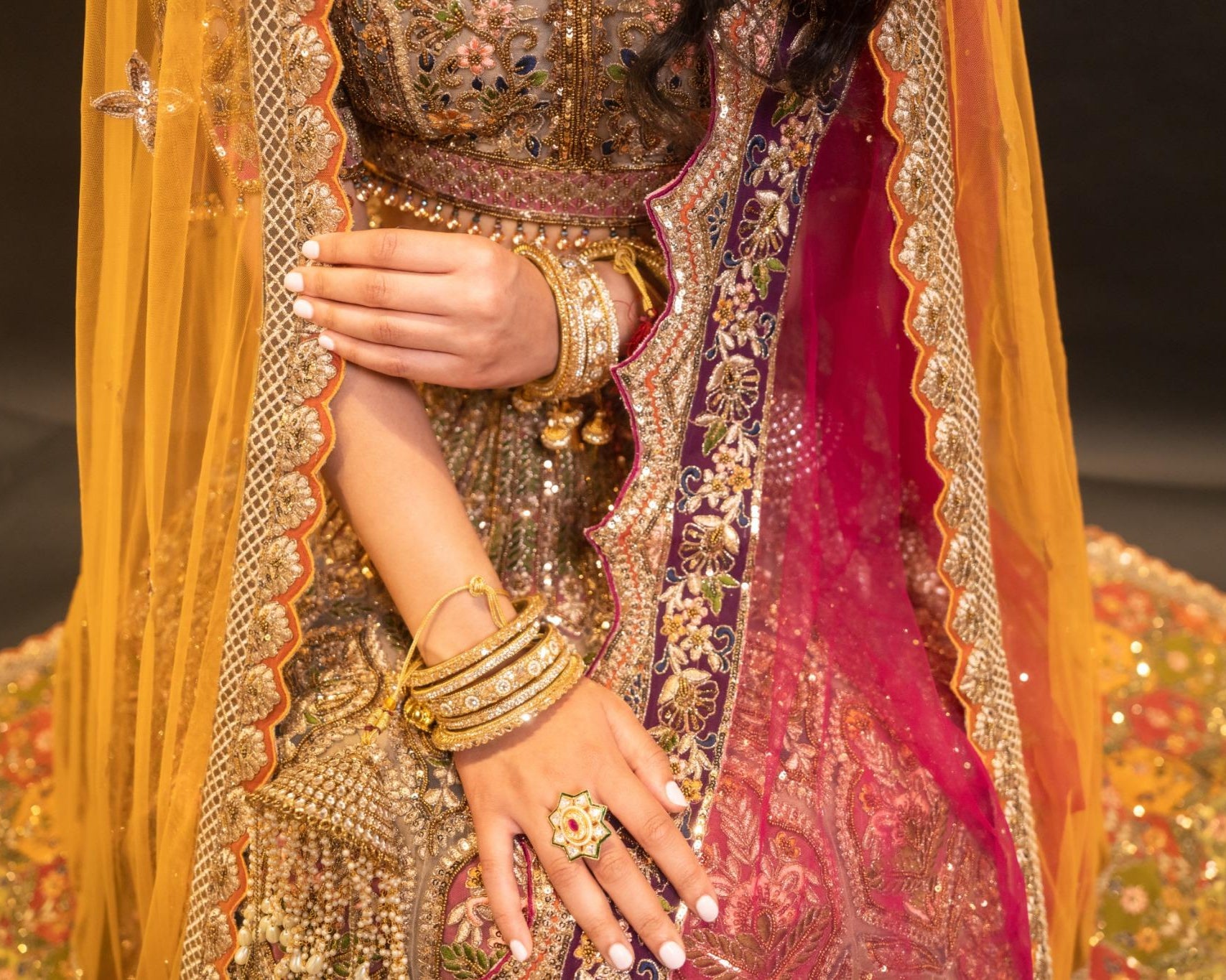 Golden Mustard & Multi-Toned Hand-Embroidered Bridal Lehenga