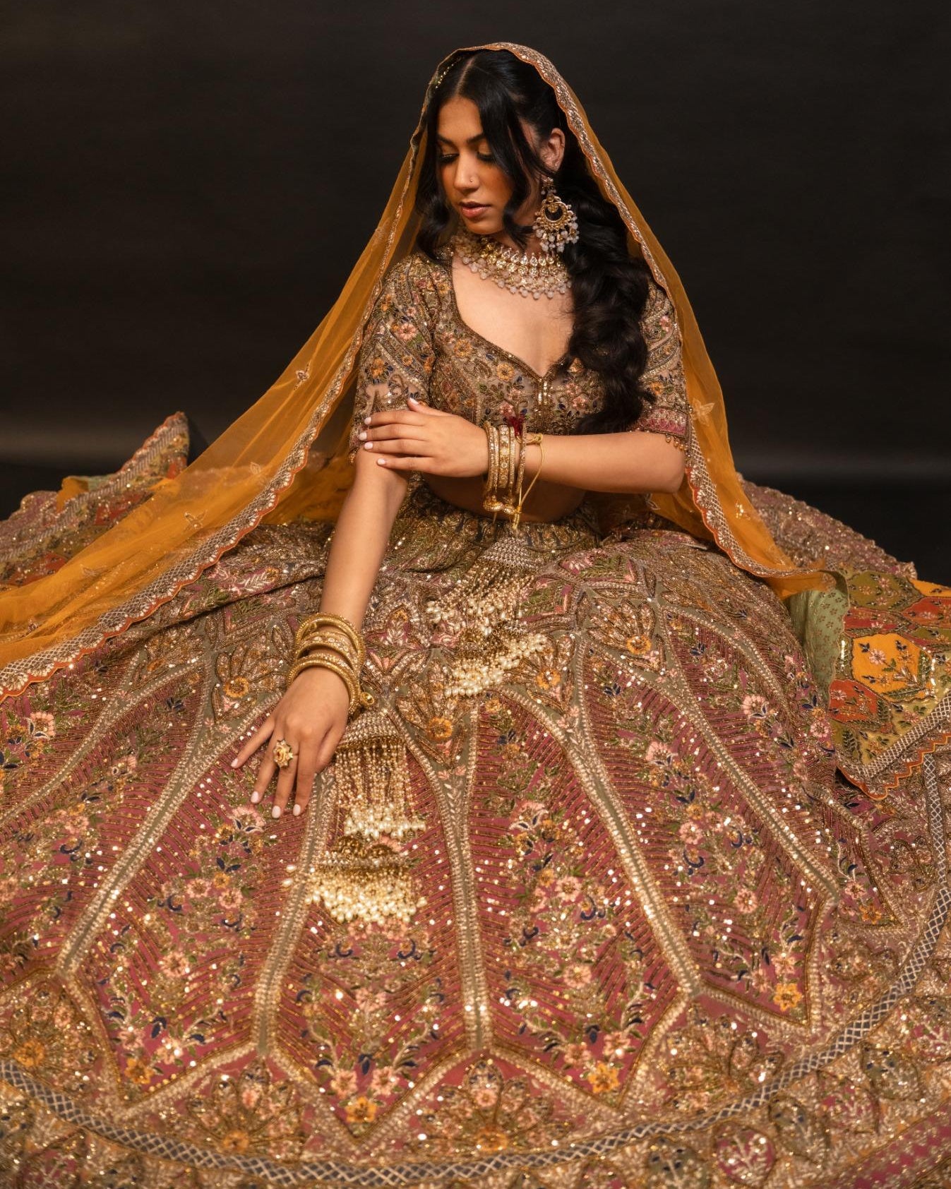 Golden Mustard & Multi-Toned Hand-Embroidered Bridal Lehenga