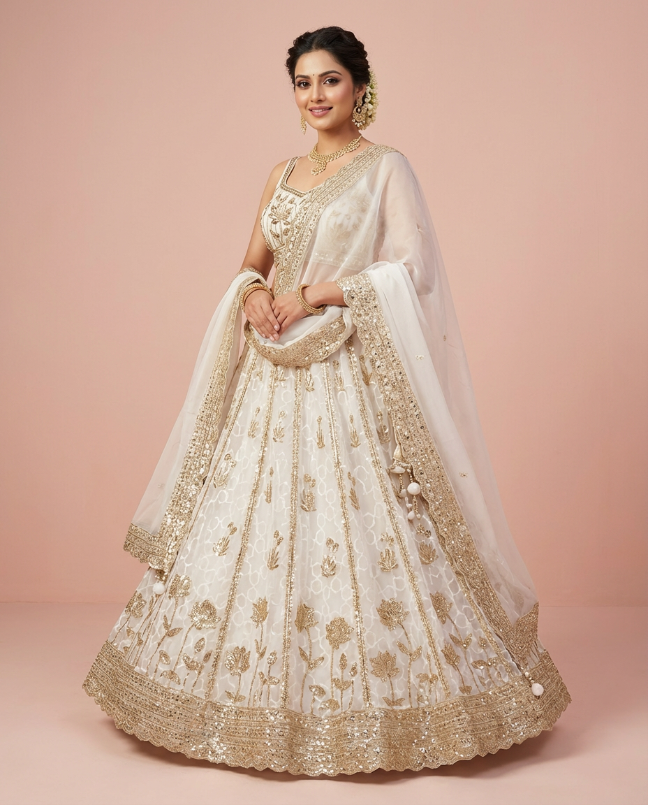 Ivory & Gold Embroidered Lehenga Set