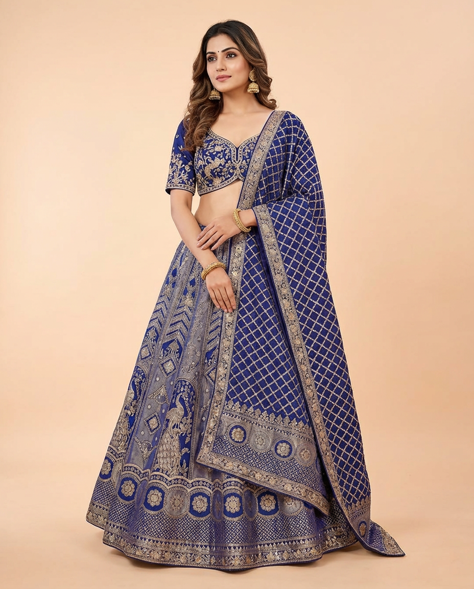 Navy Blue Formal Banarasi Lehenga Set with Gold Zari Work