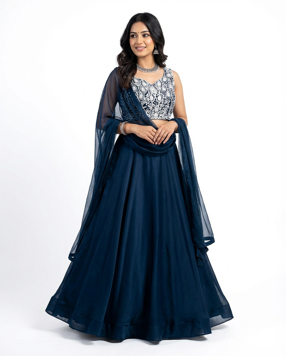 Navy Blue Embroidered Lehenga Set