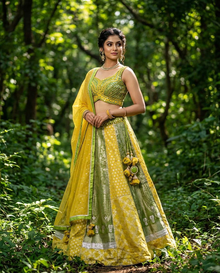 Mustard Green Banarasi Silk Lehenga Set with Hand Embroidery
