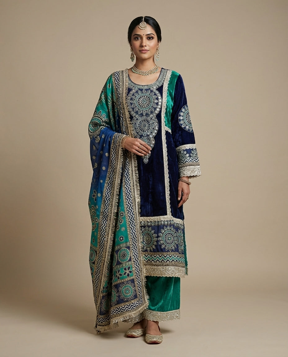 Navy and Emerald velvet palazzo suit