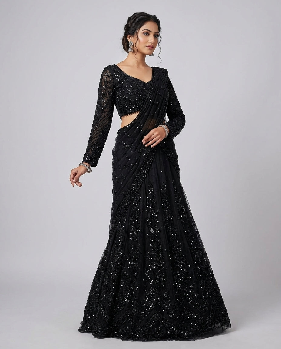 Black Sequin Embellished Draped Saree with Full-Sleeve Blouse