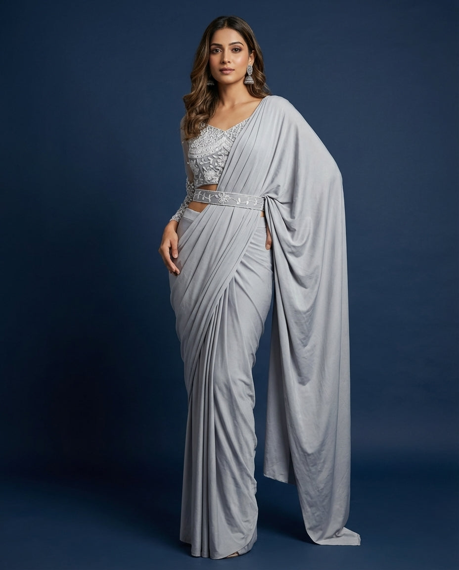 Silver Grey Embroidered Pre-Draped Saree with Belted Waist