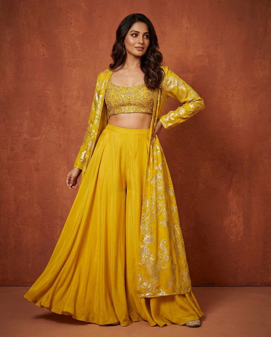 Mustard Yellow Embroidered Crop Top Sharara Set with Long Jacket