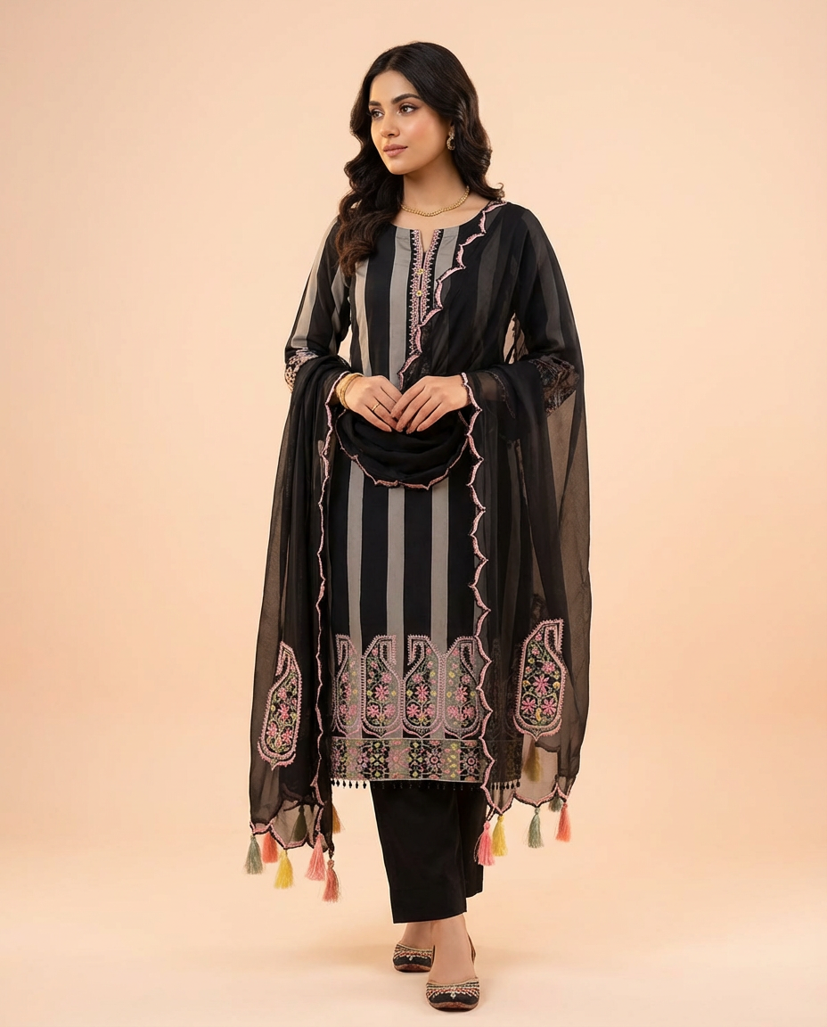 Black Embroidered Unstitched Suit Set with Tassel Dupatta