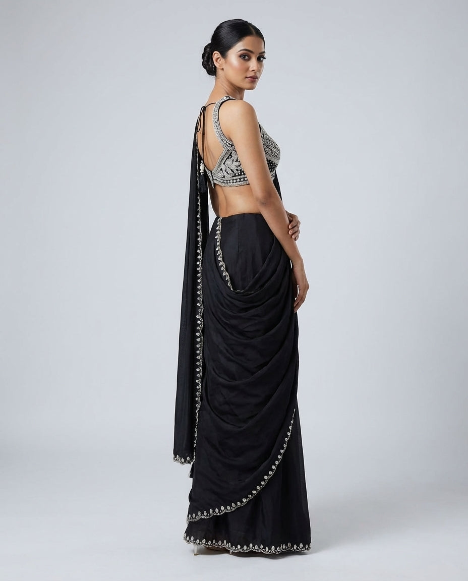 Classic Black Embellished Pre-Draped Saree with Designer Blouse