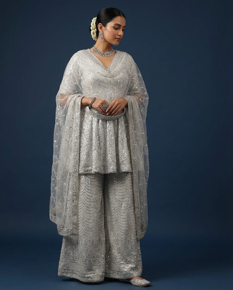 Grey Embellished Kurta and Palazzo Set