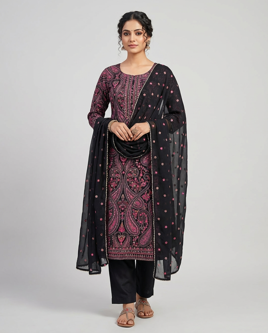 Black & Pink Unstitched Suit Set