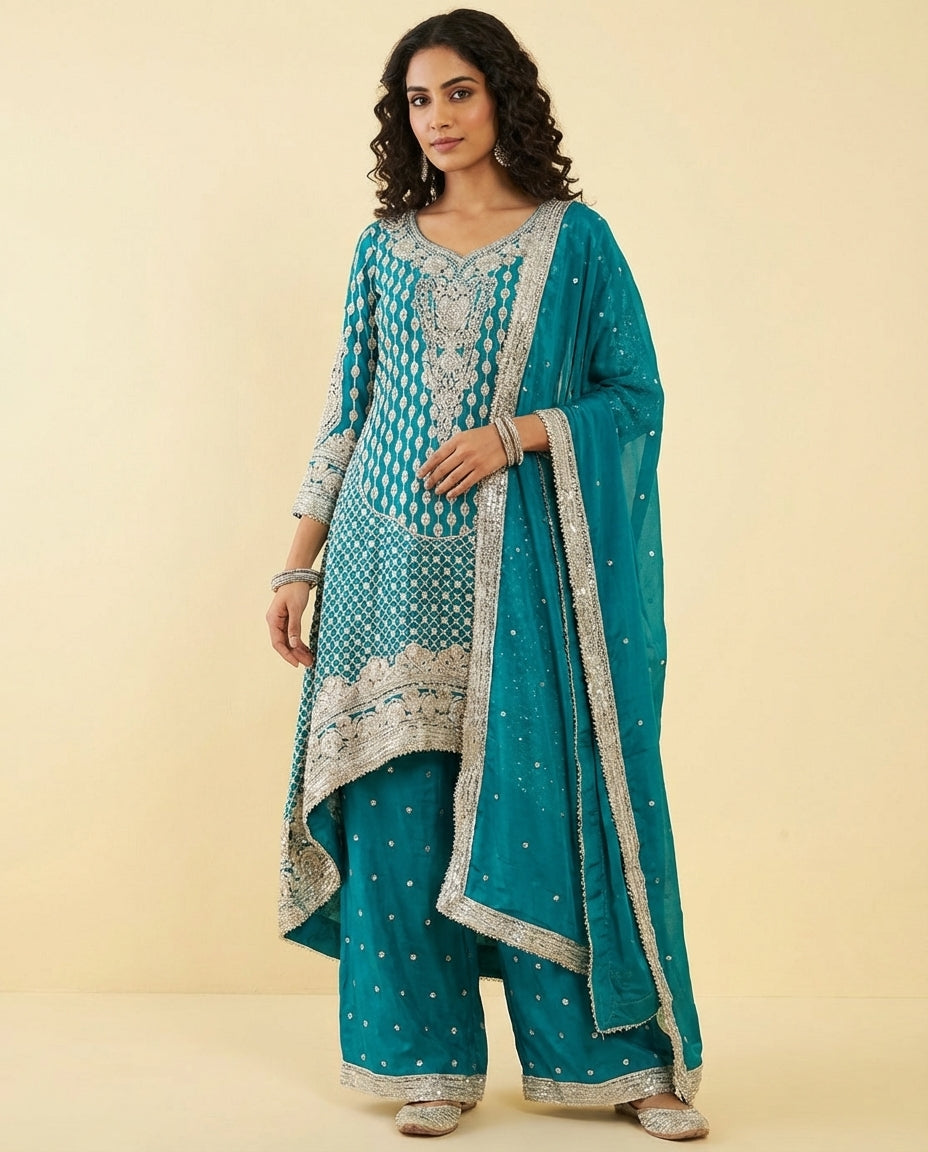 Gold Embroidered Chinnon High-low palazzo Set