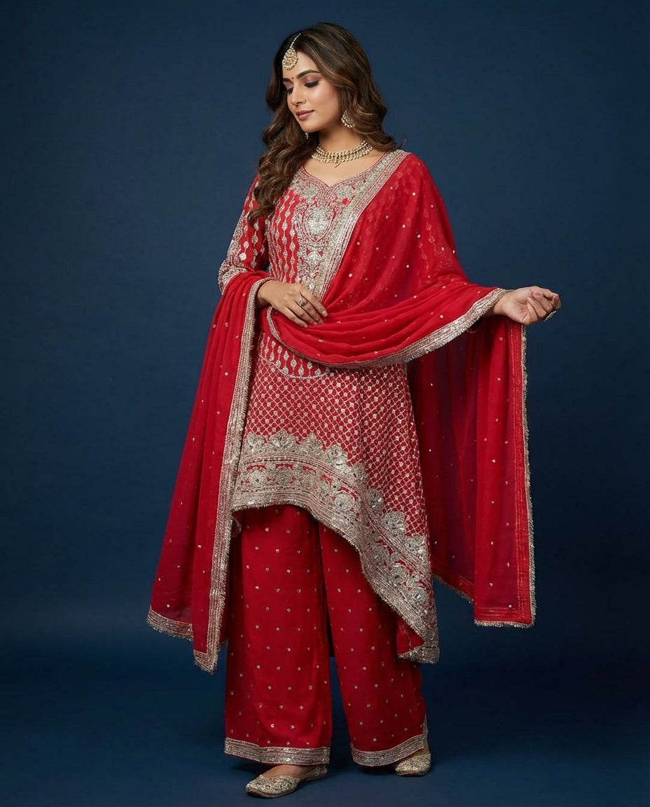 Gold Embroidered Chinnon High-low palazzo Set