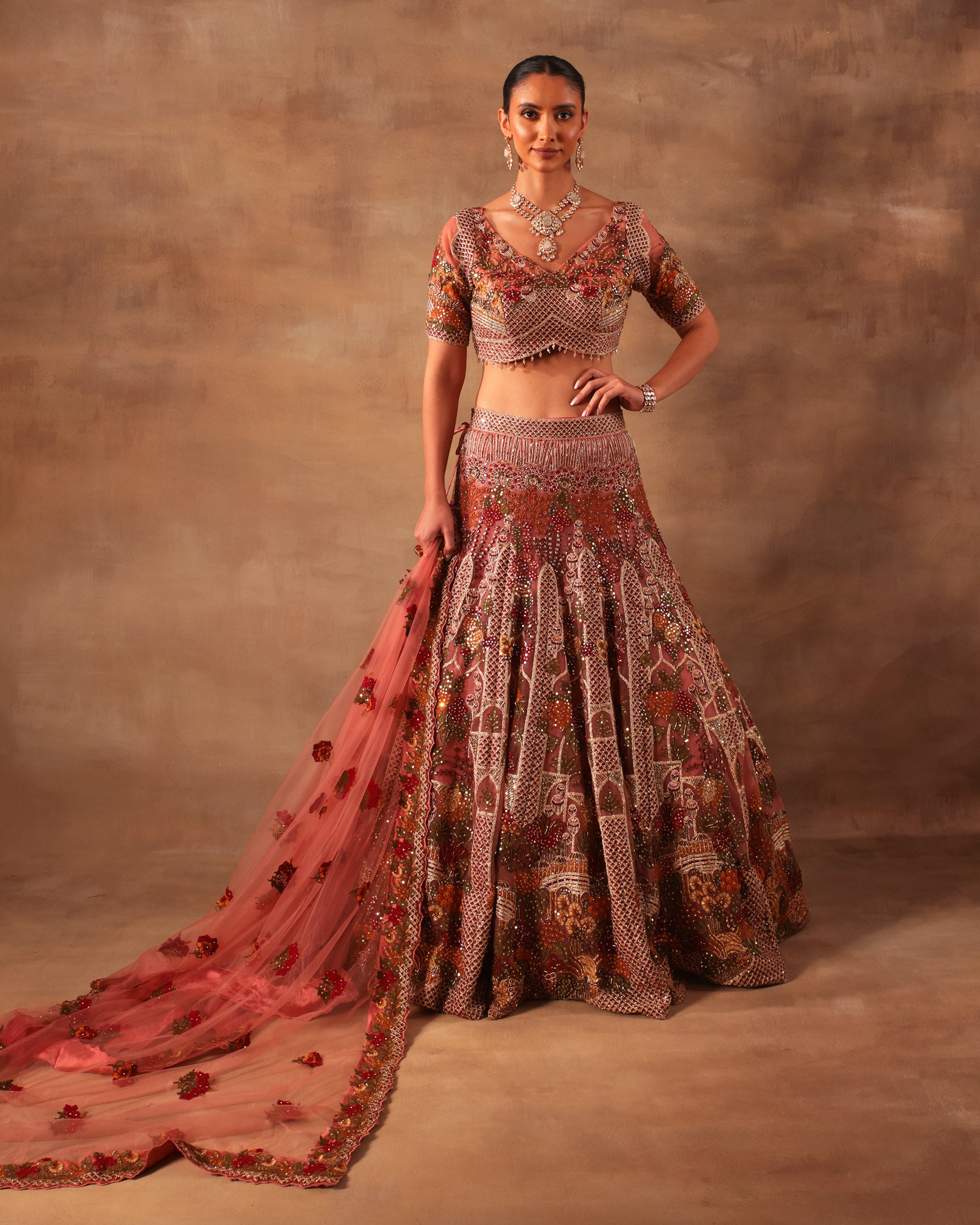 Rust Peach Embroidered Semi-Formal Lehenga Set
