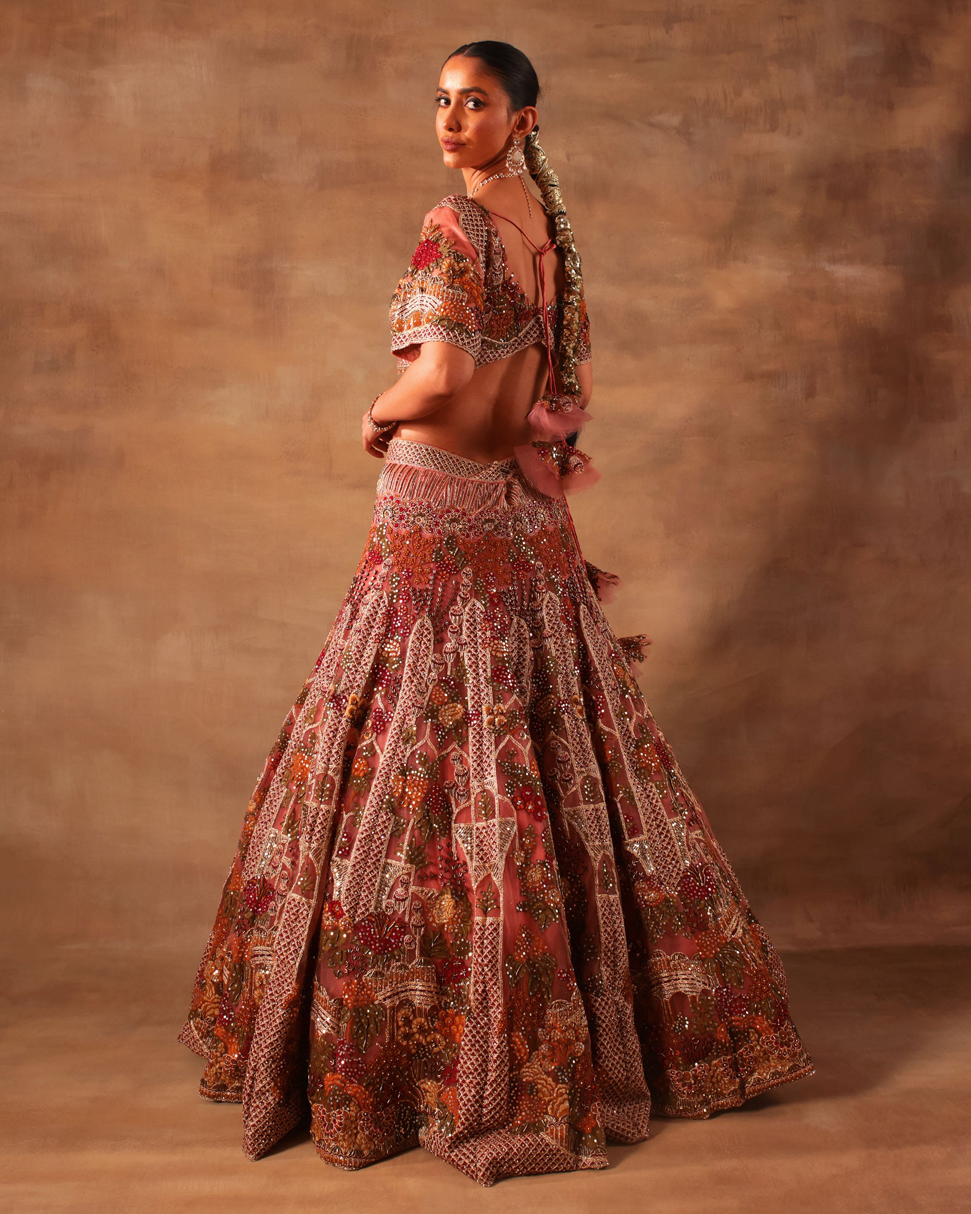 Rust Peach Embroidered Semi-Formal Lehenga Set