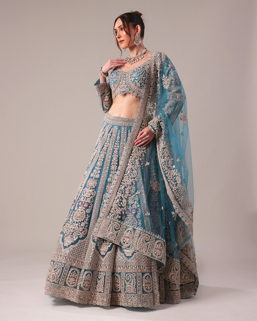 Teal Blue Heavily Embroidered Formal Lehenga Set