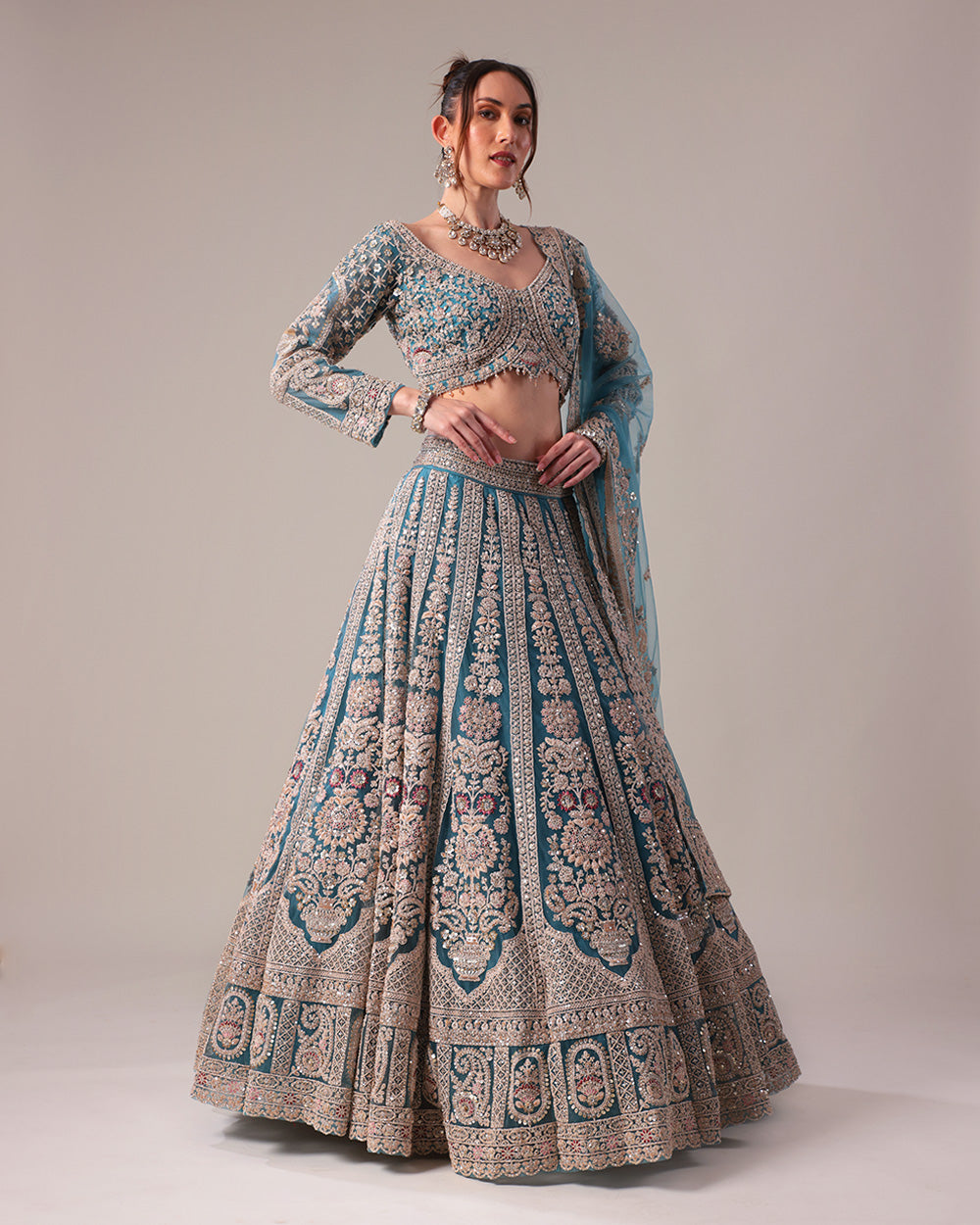 Teal Blue Heavily Embroidered Formal Lehenga Set