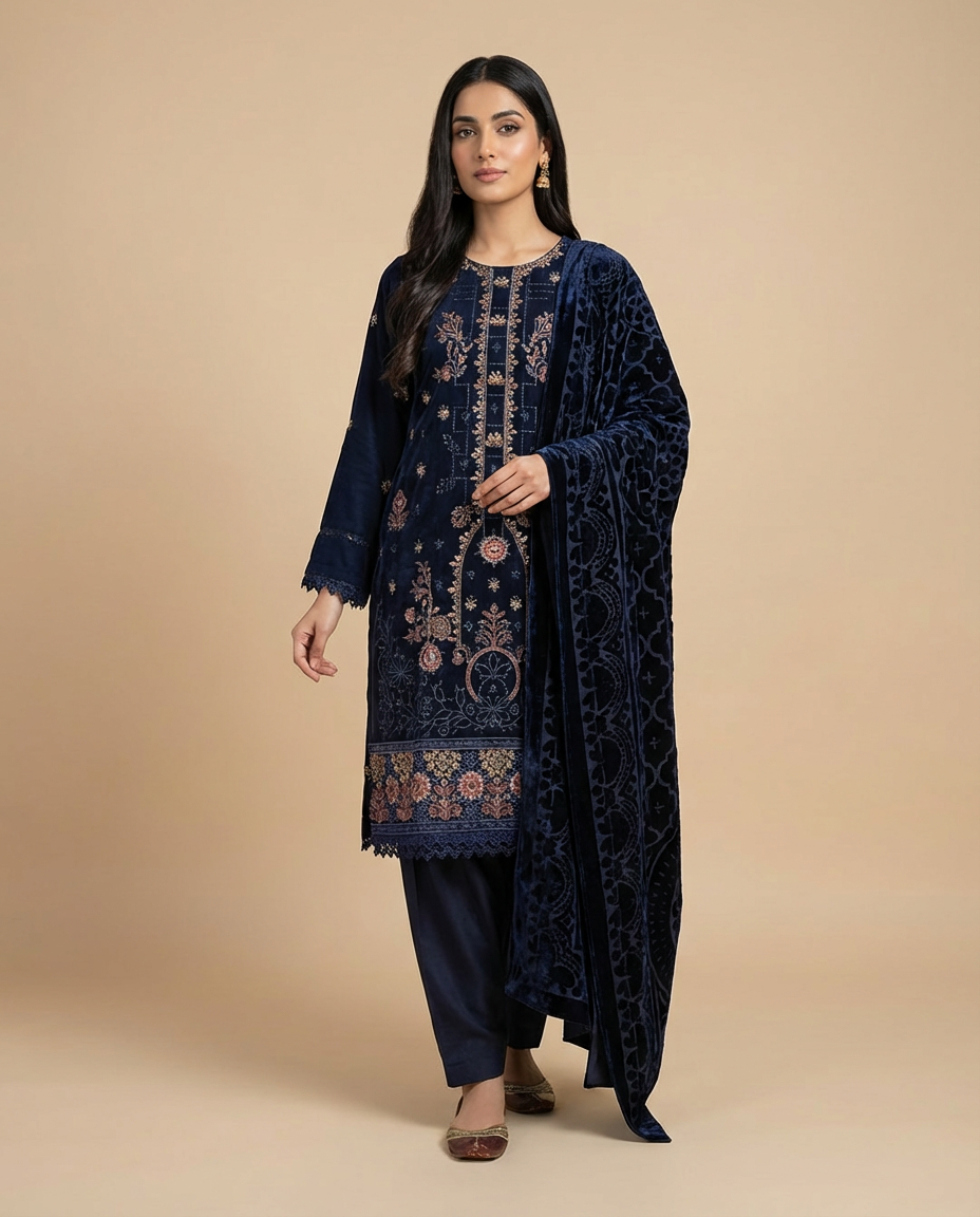 Velvet Embroidered 3-Piece Suit – black Elegance