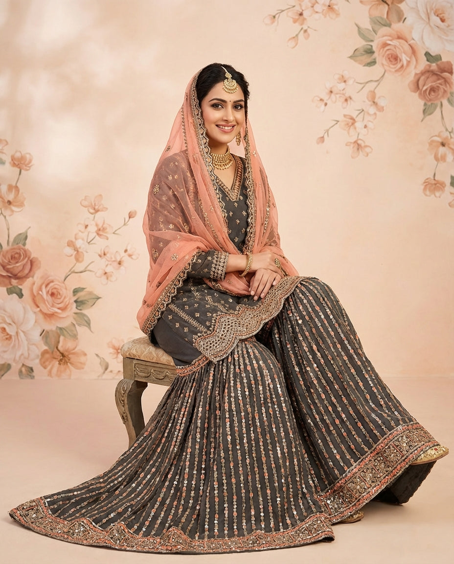 Mehendi Green and Peach EmbroideredGharara Set