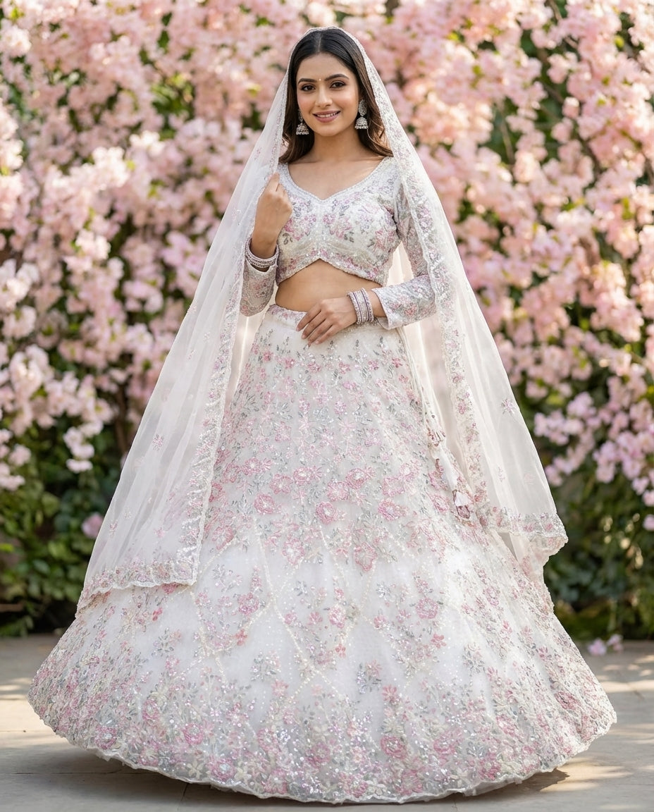 Ivory Blush Floral Embroidered Formal Lehenga Set with Net Dupatta