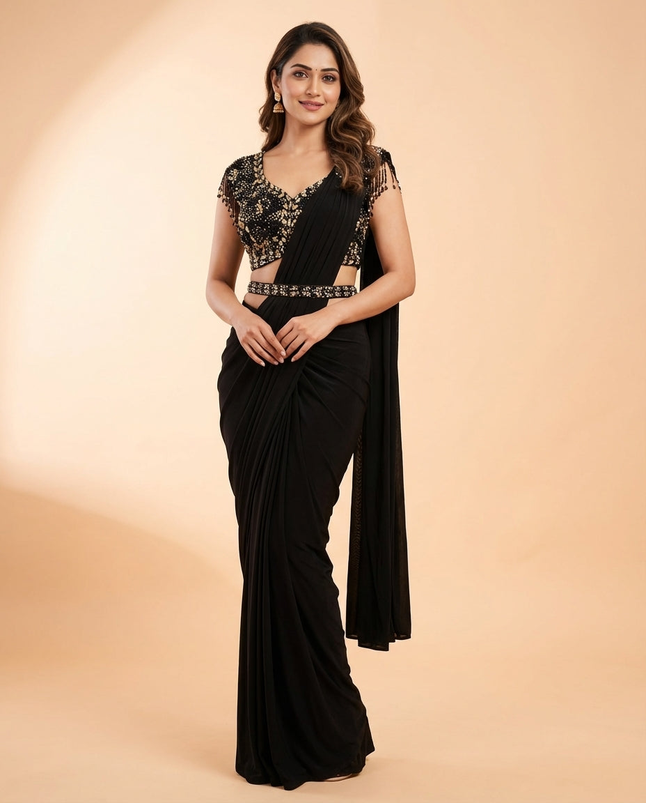 Black Embellished Draped Saree with Designer Blouse