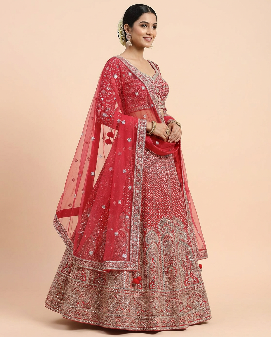 Hot Pink Embroidered Semi Formal Lehenga