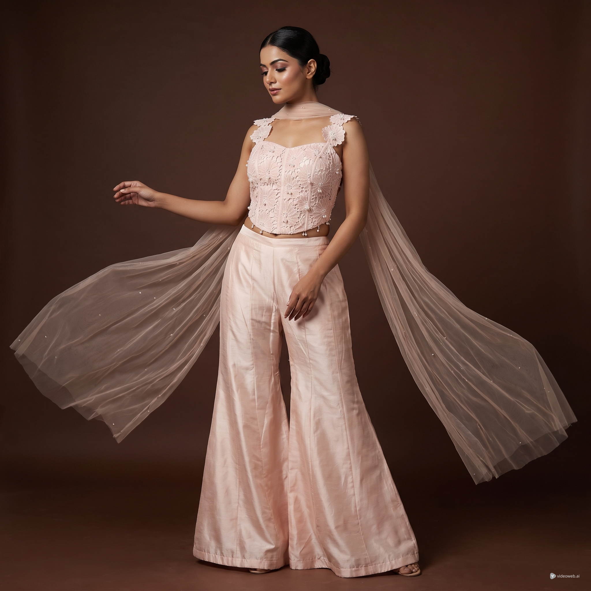 A light pink traditional outfit consisting of a lace-embroidered sleeveless top, matching wide-leg trousers, and a sheer tulle dupatta 