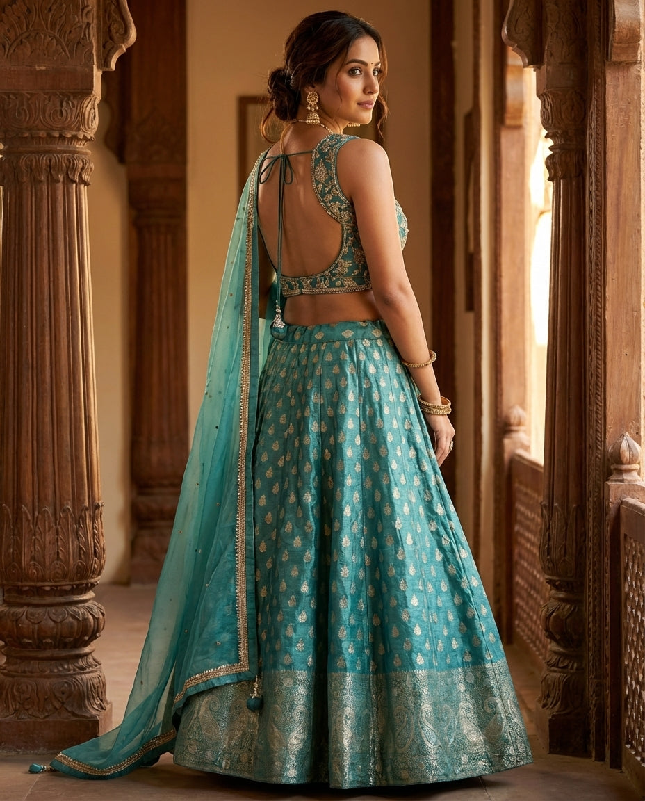 Teal and Gold Lehenga Set